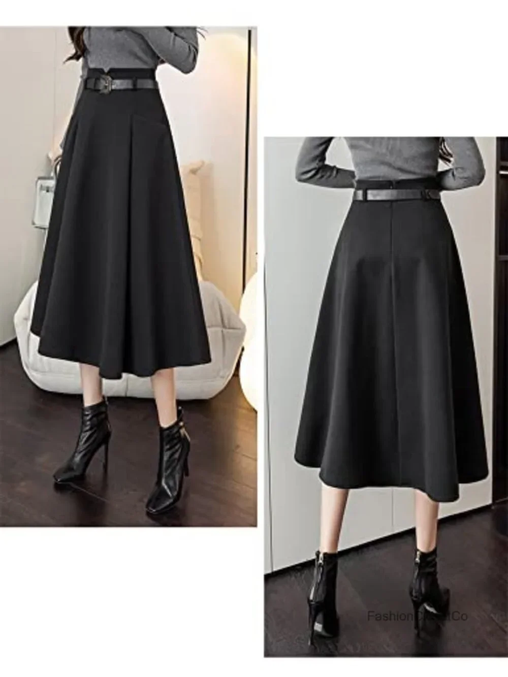 High Waisted A-Line Wool Blend Midi Skirt with Pockets & Belt